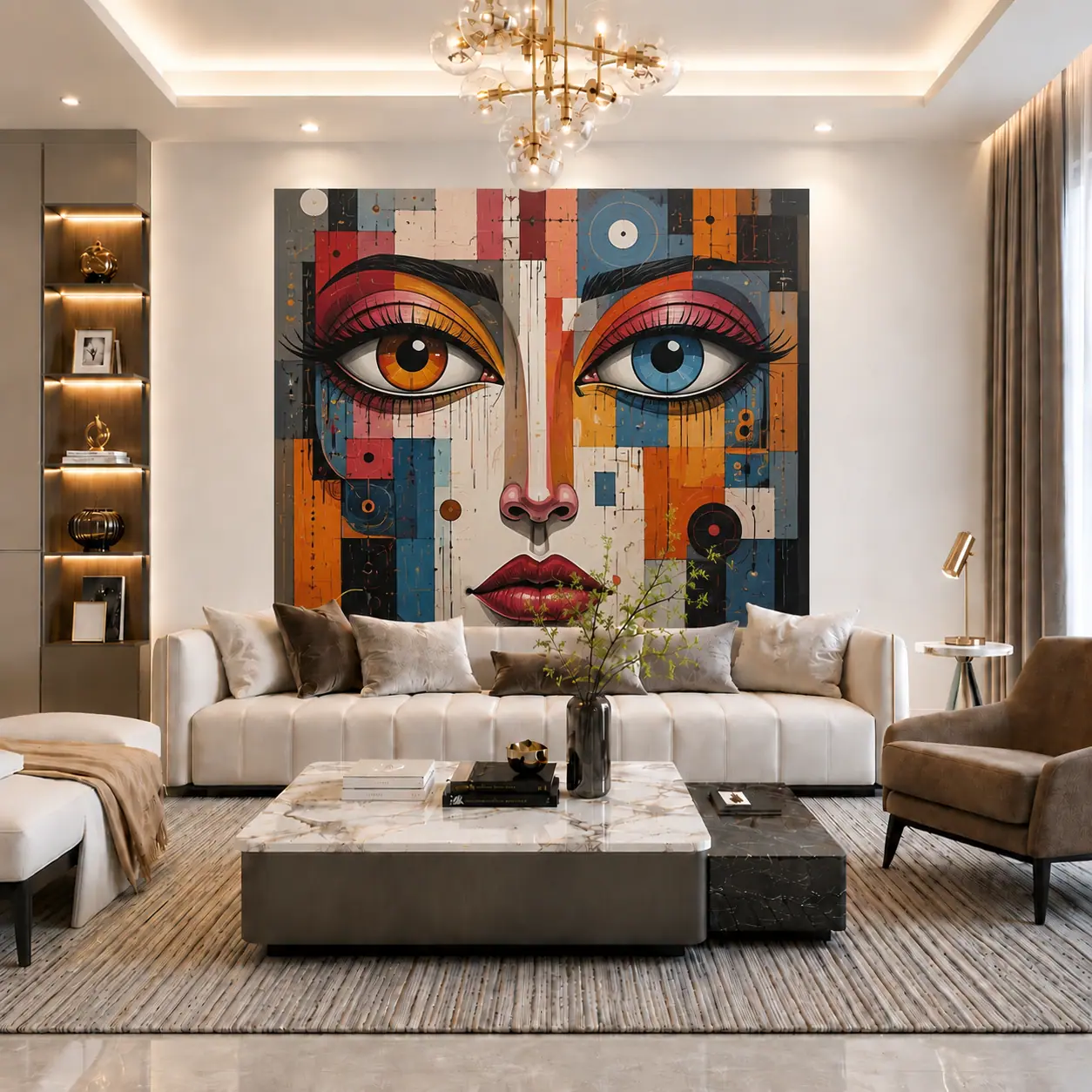 Bold pop-art portrait printed across a contemporary living room wall