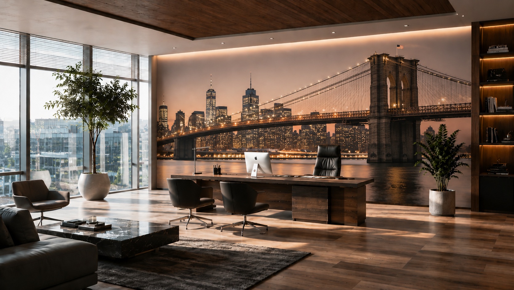 Custom city-skyline mural printed across a luxury office feature wall